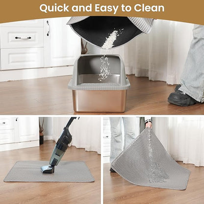 Cat Litter Mat 24x18 Inches, Honeycomb Double Layer Traps Litter & Waterproof Leatherette Bottom Prevents Urine Leaks, Durable & Easy Clean Pet Floor Protector for Cat Litter Box Area（Grey）