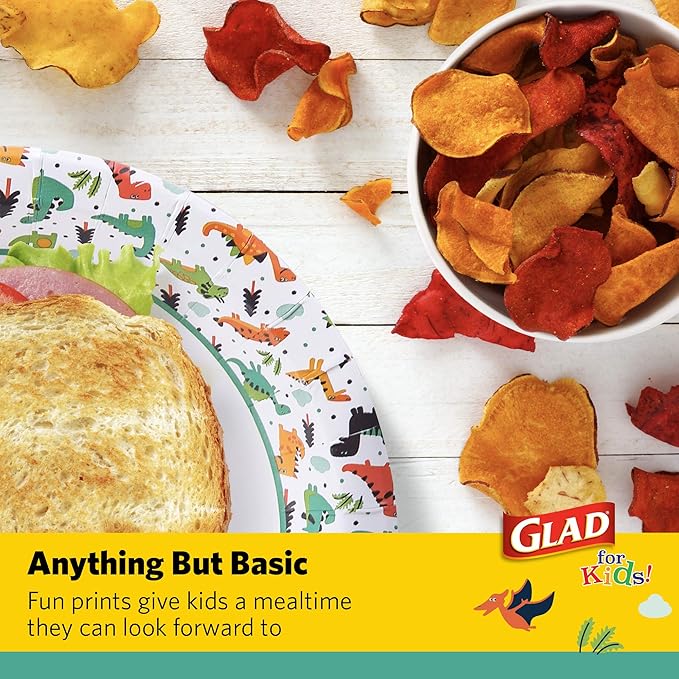 Glad for Kids Dinosaurs Paper Snack Bowls, Colorful Heavy Duty Microwave Safe Disposable Bowls for Soup, Ice Cream, and Snacks, Lids Included, Multicolor, Party Pack, 12 Oz, 20 Count - 6 Pack