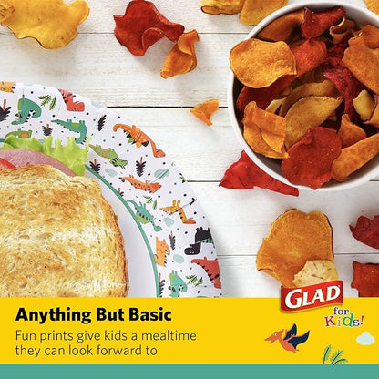 Glad for Kids Dinosaurs Paper Snack Bowls, Colorful Heavy Duty Microwave Safe Disposable Bowls for Soup, Ice Cream, and Snacks, Lids Included, Multicolor, Party Pack, 12 Oz, 20 Count - 6 Pack