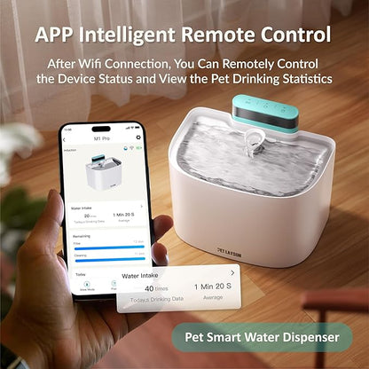 PET LAYSON Pumpless Cat Water Fountain,App Remote Control Smart Cordless Battery Operated 3.6L/122oz Wireless 2.4GHz Wi-Fi Networks Rechargeable Water Dispenser (Pink, M1Pro-16 Filter)