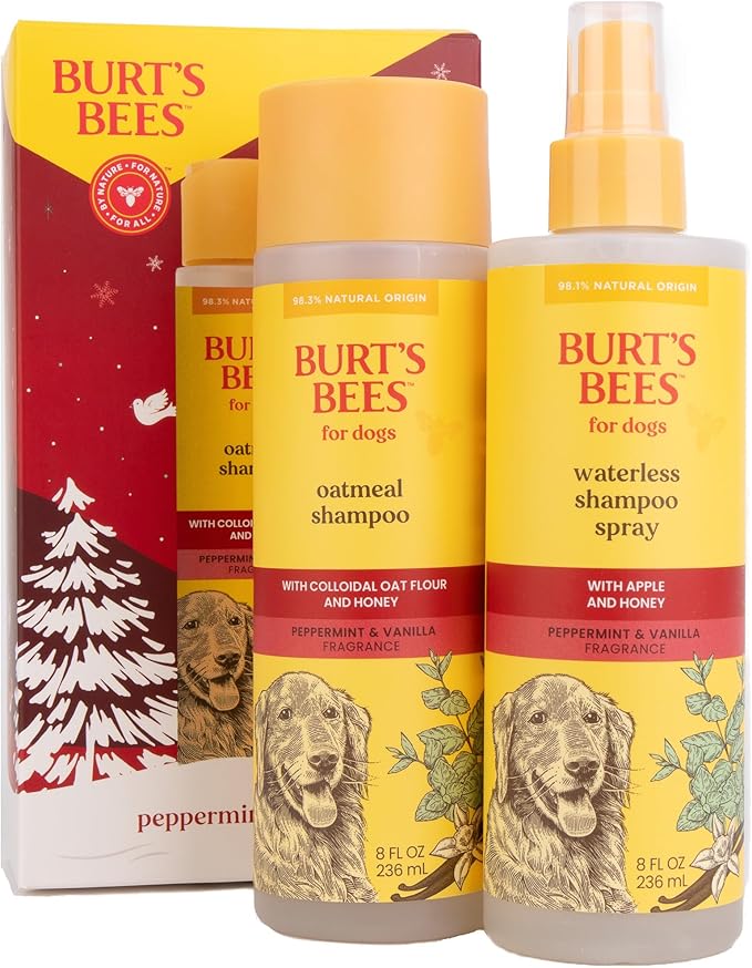 Burt's Bees for Pets Holiday Grooming Kit, Peppermint & Vanilla Fragrance | Oatmeal Shampoo and Waterless Dog Grooming Spray for All Dogs and Puppies | Cruelty Free, Made in USA, 8 Fl Oz