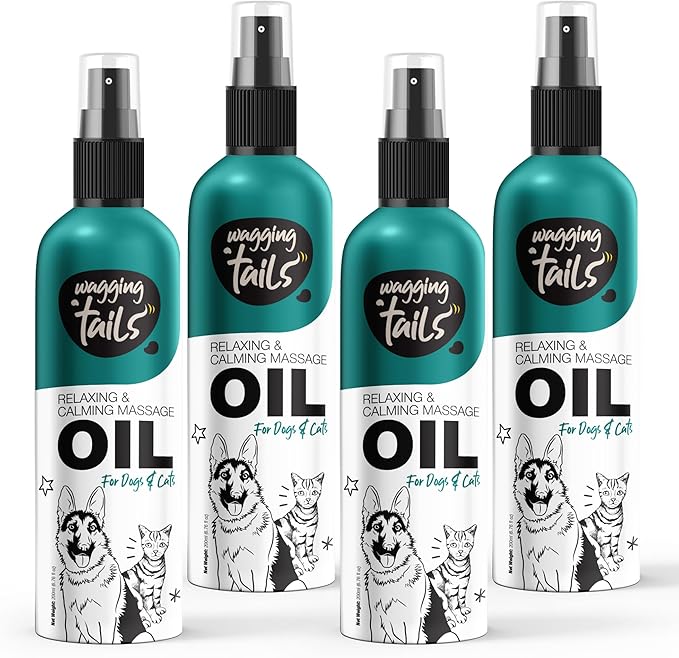 Wagging Tails 4-in-1 Relaxing & Calming Massage Oil for Dogs and Cats - 27.04 fl oz (Pack of 4) | Natural Grooming Formula | Enhances Coat Shine & Softness, Soothes Itching, Promotes Relaxation