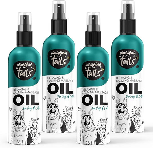 Wagging Tails 4-in-1 Relaxing & Calming Massage Oil for Dogs and Cats - 27.04 fl oz (Pack of 4) | Natural Grooming Formula | Enhances Coat Shine & Softness, Soothes Itching, Promotes Relaxation