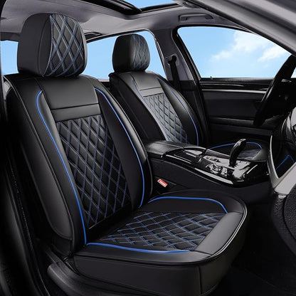 Huidasource Seat Covers Full Set, Nappa Leather Seat Cover, Hollowed-Out Side Compatible with Airbags Child Seat, Velcro Adjustable Universal Fit for Most Cars Vans Trucks SUVs (Full Set/Black＆Blue)