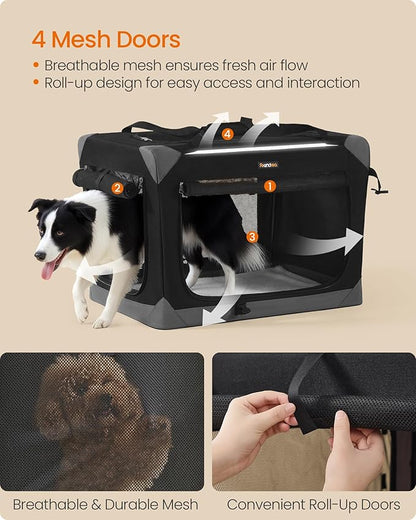 Feandrea Collapsible Dog Crate, Portable Oxford Fabric Pet Travel Crate with 4 Mesh Doors, Handles, Pocket, 30 Inches, for Medium Dogs, Ink Black and Dove Gray UPDC027BH01