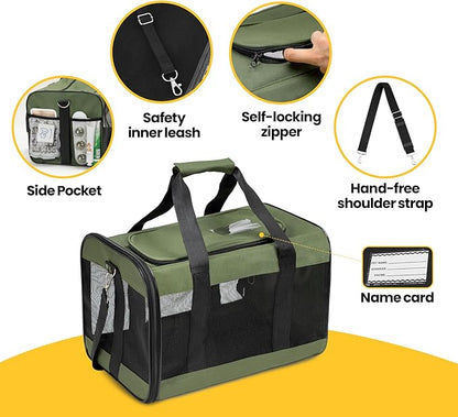 Conlun Dog Carrier Soft Sided, Large Cat Carrier with Inner Safety Leash, Pet Transport Carrier for Large Cats and Medium Dogs up to 20 Lbs, Collapsible Travel Puppy Carrier Bag -Green L