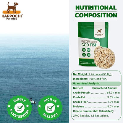 Freeze-Dried Cod Fish Cat Dog Treats, 1.76oz(50.0g), 100% Single Ingredient High Protein Training Treats, Rich in Omega, Natural & Raw, No Additives, Grain Free, Gluten Free
