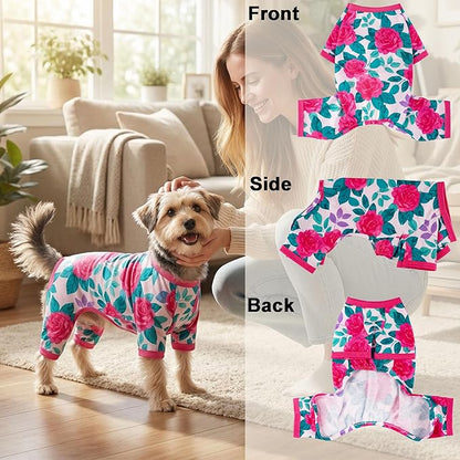 Dog Pajamas Summer Dog Clothes for Small Medium Dogs Girl Dog Pjs Cute Doggie Onesie Breathable Puppy Clothes Soft Stretchy Cat Pet Outfit (Rose Flower, Medium)