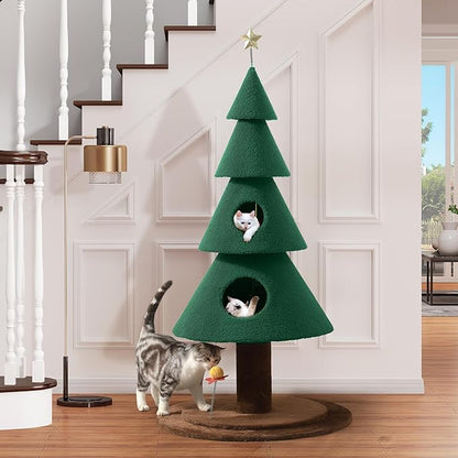 YITAHOME 60 in Christmas Cat Tree for Indoor Cats, Tall Cat Tower Furniture with 2 Large Condos, 5ft Christmas Tree Party Decoration with Cat House and Beds
