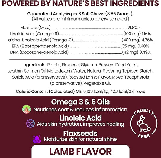 Salmon Oil for Dogs - Soft Chew Omega Treats for Skin and Coat - Fish Oil Blend of Essential Fatty Acids, Omega 3 and 6, Vitamins, Antioxidants and Minerals - Made in USA (180 Chews, Lamb)