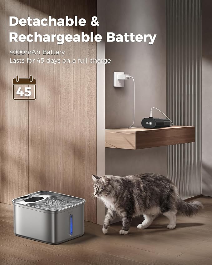Wireless Cat Water Fountain, 99oz/2.8L Pump-Free Ultra-Quiet Pet Water Dispenser, 304 Stainless Steel with Multi-Layer Filtration, 3 Smart Modes & Motion Sensor, Fountain for Cats/Dogs