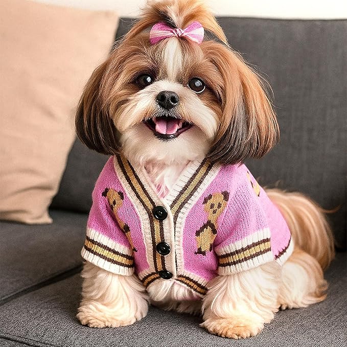 ABRRLO Small Dog Sweaters Cute Bear Dog Cardigans Clothes for Small Medium Dogs Boy Girl Puppy Cat Knitting Cardigan Outfits Dogs Winter Coats Warm Pet Doggy Clothes Soft Knitwear (Pink, Large)