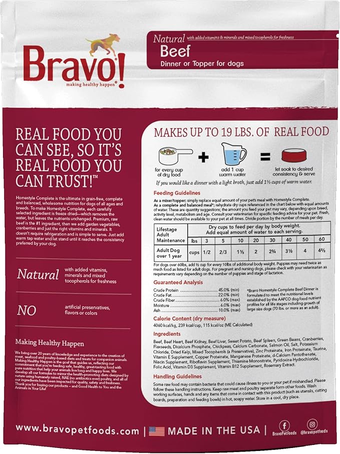 Bravo! Homestyle Complete Freeze Dried Raw Dog Food or Topper, Beef, 4 Pounds, Add Water to Rehydrate for up to 18 Pounds of Food, Grain Free, Gluten Free