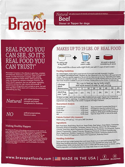 Bravo! Homestyle Complete Freeze Dried Raw Dog Food or Topper, Beef, 4 Pounds, Add Water to Rehydrate for up to 18 Pounds of Food, Grain Free, Gluten Free