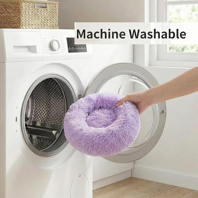 Tiny Dog Bed 11.8 Inch for Extra Small Dogs,Washable Puppy Bed,Soft Faux Fur Calming Donut Bed for Chihuahua Yorkie Maltese Pomeranian,Purple and White