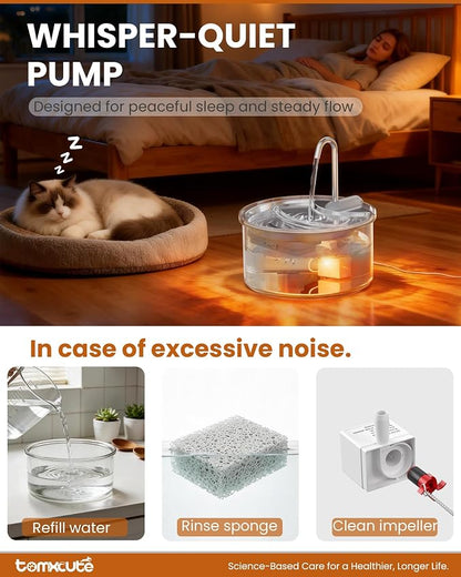 Tomxcute Glass Cat Water Fountain-84oz Dishwasher Safe Cat & Dog Fountain | Borosilicate Glass Bowl,Easy to Clean,Prevents Feline Acne,Ultra Quiet Pump,Warm Light,Gifts for Cats, Dogs