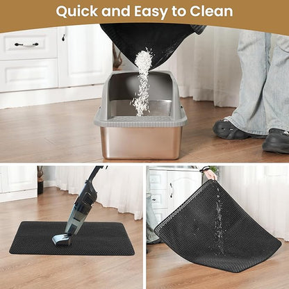 Cat Litter Mat 30x24 Inches, Honeycomb Double Layer Traps Litter & Waterproof Leatherette Bottom Prevents Urine Leaks, Durable & Easy Clean Pet Floor Protector for Cat Litter Box Area（Black）