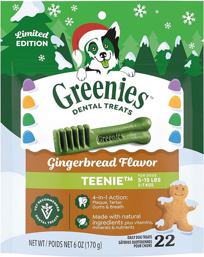 Greenies Veterinarian-Recommended, Limited-Edition Natural Dental Dog Treats Teenie Size, Gingerbread Flavor, 6 oz. Pack, 22 Count