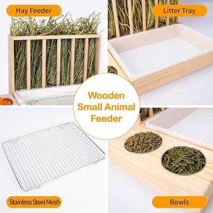 BESNEW 3 in 1 Rabbit Hay Feeder with Litter Box,Upgraded Wooden Hay Feeder Set for Guinea Pig Chinchilla Bunny Other Small Animals,Quick Cleaning & Large Capacity & Preventing Waste