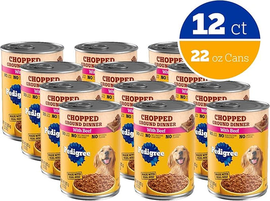 Pedigree Chopped Ground Dinner Adult Soft Wet Dog Food with Beef, Canned Dog Food, 22 oz. Cans, 12 Count