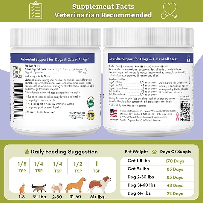 Wholistic Pet Organics Spirulina Powder for Dogs and Cats - Antioxidant Support for Dogs and Cats - Immune Support Supplement, Promotes Overall Wellness - Human-Grade Superfood for Pets - 85 Scoops