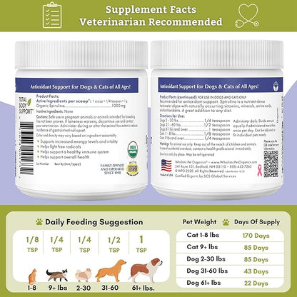 Wholistic Pet Organics Spirulina Powder for Dogs and Cats - Antioxidant Support for Dogs and Cats - Immune Support Supplement, Promotes Overall Wellness - Human-Grade Superfood for Pets - 85 Scoops