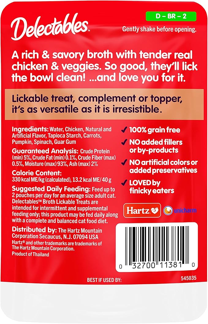 Delectables Lickable Treat Savory Broth Wet Cat Treat with Real Chicken & Veggies, Food Topper, Hydrating, Grain-Free, No Fillers, No By-Products, No Added Preservatives, 1.4oz Pouch, 12ct