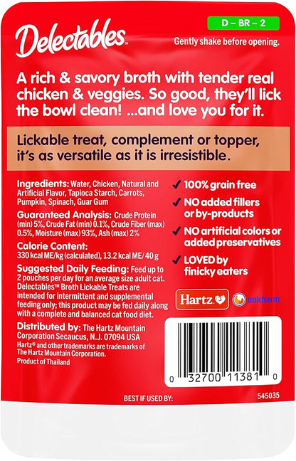 Delectables Lickable Treat Savory Broth Wet Cat Treat with Real Chicken & Veggies, Food Topper, Hydrating, Grain-Free, No Fillers, No By-Products, No Added Preservatives, 1.4oz Pouch, 12ct