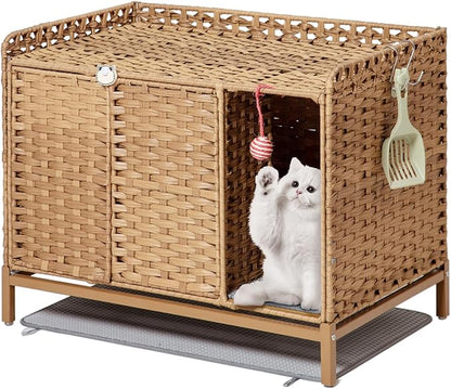 SETVSON Cat Litter Box Enclosure Furniture with Divider, Handwoven Rattan Litter Box with Mat, 31.2 x 19.6 x 24.2 Inches, Metal Heightened Feet, Hidden Cat House for Living Room, Bedroom (Natural)