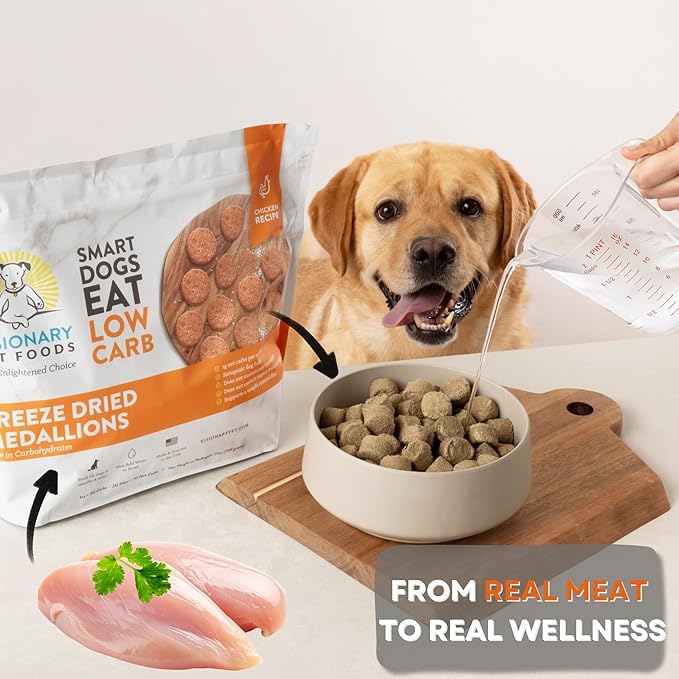 Visionary Pet Foods Freeze Dried Raw Dog Food, Topper & Meal Mixer – Real Chicken | KetoPet Research Formula | Less Than 1g Net Carbs | Ketogenic | Grain Free High Protein | Made in USA | 25oz
