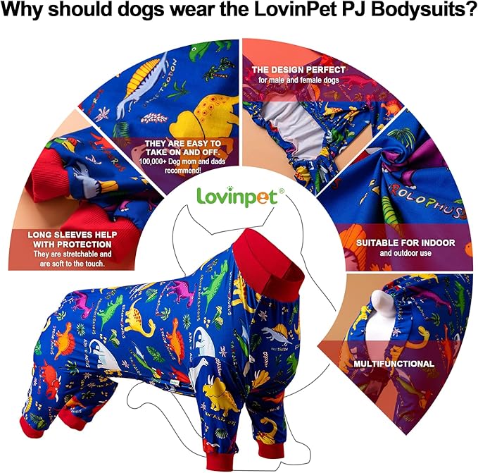LovinPet Pitbull Large Dog Clothes, Wound Care/Post Surgery Dog Clothes, Lost World Dinosaurs Print, UV Protection, Pet Anxiety Relief, Large Dog Onesies, Pet PJ's /2XL