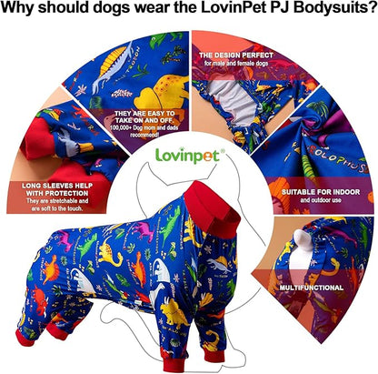 LovinPet Dog Pajamas for Large Dogs, Wound Care, Post Surgery Dog Clothes, Lost World Dinosaurs Print, UV Protection, Pet Anxiety Relief, Large Dog Onesies, Pet PJ's, XL