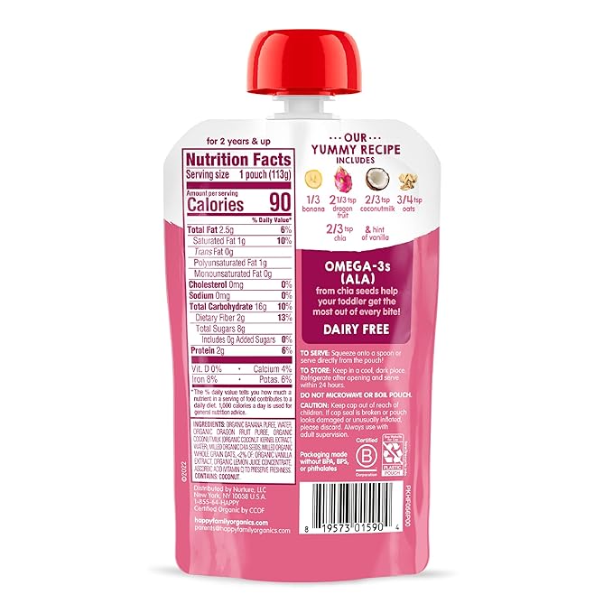 HAPPYTOT Organics Stage 4 Baby Food Pouches, Gluten Free, Vegan & Dairy Free Snack, Super Morning Fruit & Oat Blend, Bananas, Dragon Fruit, Coconutmilk, Oats & Chia, 4 Oz (Pack of 16)