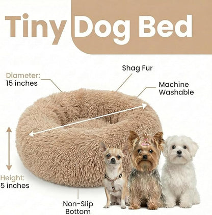 Tiny Dog Bed 15 Inch for Extra Small Dogs,Washable Puppy Bed,Soft Faux Fur Calming Donut Bed for Chihuahua Yorkie Maltese Pomeranian,Brown