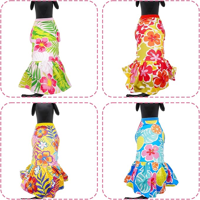 4PCS/Pack Hawaiian Dog Dresses for Extra Large Dogs Girl Female Pink Yellow Red Blue Skirts Summer Sundress Pineapple Flower Pattern Soft Lightweight for Holiday Party Beach XL