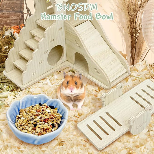 BNOSDM 2 Pcs Hamster Ceramic Food Bowl Flower Series Gerbil Drinking Bowls Anti-Turning Food & Water Dish for Dwarf Syrian Hamsters Gerbil Chinchilla（Blue, Narcissus Pattern）
