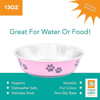 Food Bowl & Water Bowl for Dogs & Cats | Designer Series: Paw Print Detail, Stainless Steel & Pink, 13 oz (FPP-Pink S)