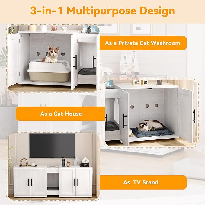GAOMON Litter Box Enclosure with Double Cage, Cat House,Hidden Litter Box Enclosure Furniture for 2 Cats, Wooden Enclosed Cat Litter Box Furniture,55”L x 17.7”W x 22.5”H,White