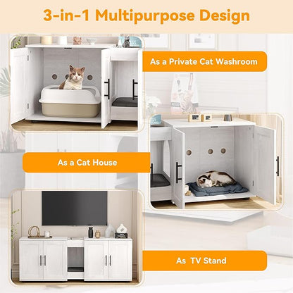 GAOMON Litter Box Enclosure with Double Cage, Cat House,Hidden Litter Box Enclosure Furniture for 2 Cats, Wooden Enclosed Cat Litter Box Furniture,55”L x 17.7”W x 22.5”H,White
