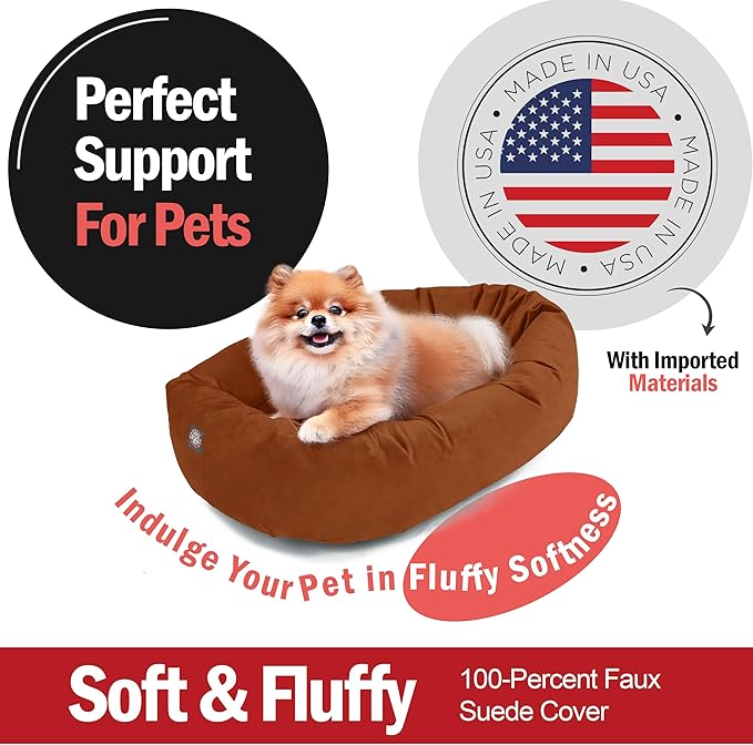 Majestic Pet Suede Shredded Memory Foam Mix Calming Dog Bed Washable - Cozy Soft Round Dog Bed with Spine for Head Support - Fluffy Donut Dog Bed, 24 Inch, Rust