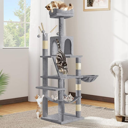 DWVO 64.5" Tall Cat Tree, Multi-Tier Cat Condo with Hammock, Scratching Posts & Play Balls for 2-3 Cats (Light Gray)