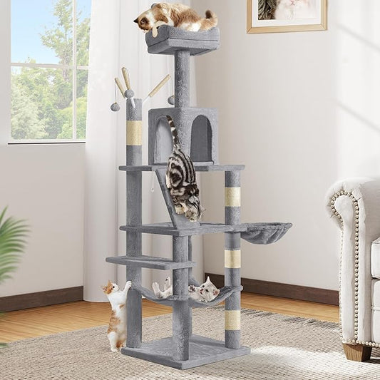 DWVO 64.5" Tall Cat Tree, Multi-Tier Cat Condo with Hammock, Scratching Posts & Play Balls for 2-3 Cats (Light Gray)