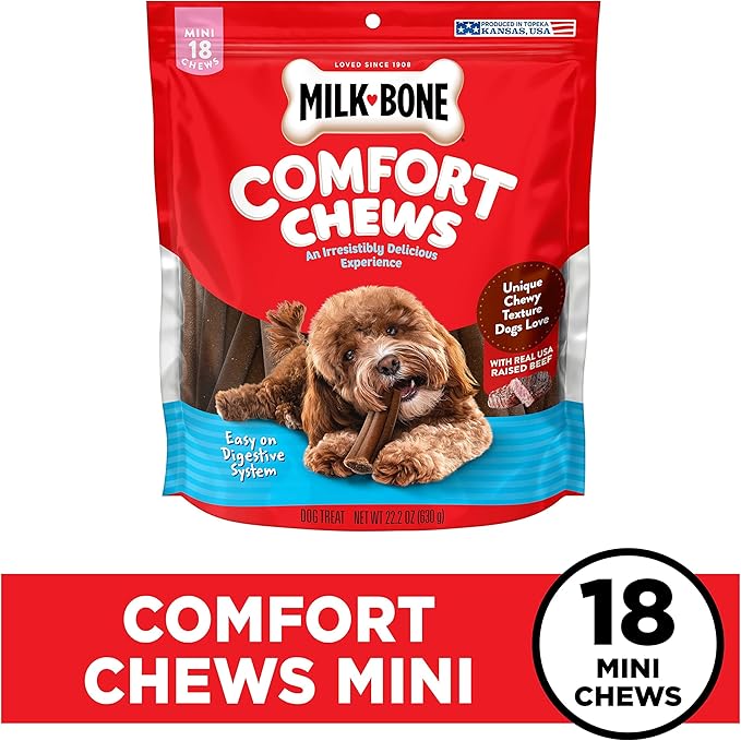 Milk-Bone Mini Comfort Chews, Chewy Texture and Real Beef, 18 Mini Chews (Pack of 4)