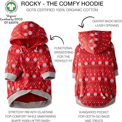 Pet Passion Rocky – The Original Lightweight Hooded Tee 100% Organic Cotton Dog Hoodie Pet Coat Sweater for All Sized Dogs, Red Fair Isle, Large (40-60 lbs)