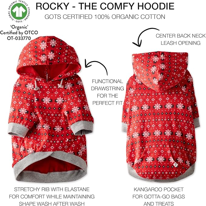Pet Passion Rocky – The Original Lightweight Hooded Tee 100% Organic Cotton Dog Hoodie Pet Coat Sweater for All Sized Dogs, Red Fair Isle, Medium (20-45 lbs)