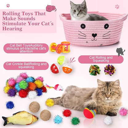 Zopeal 58 Pcs Easter Cat Storage Basket Gift Toys Set, Colorful Flashing Balls Pet Bell Crinkle Balls Spring Toys Attract Cat to Swat, Hunt, Interactive for Pet(Pink,9.8 Inch)