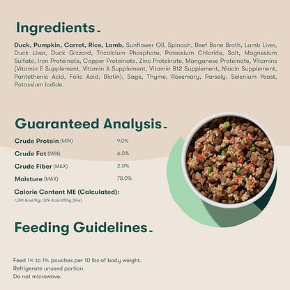 Jinx Wet Dog Food Pouches, Meal or Dog Food Topper Mix with Dry Dog Food, Made with Real Lamb & Duck, Bone Broth, No Fillers, Puppy, Adult, Senior, 9oz, 6 Pack