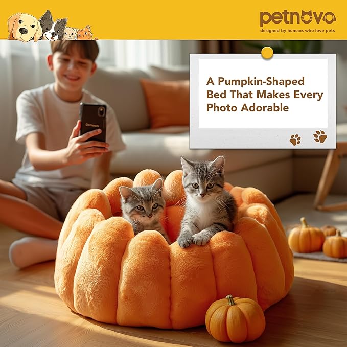 PETNOVO Pumpkin Calming Cat Bed,Plush Donut Cuddler with High Bolster,Ultra Soft Bunny Plush,Oeko‑TEX,Non-Slip Pet Nest,for Indoor Cats up to 13 lbs & Small Dogs,20Lx20Wx12H Inch,Pumpkin Yellow