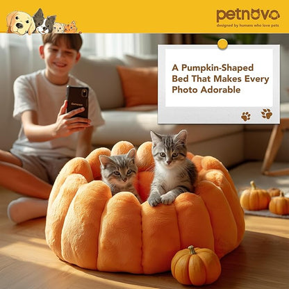 PETNOVO Pumpkin Calming Cat Bed,Plush Donut Cuddler with High Bolster,Ultra Soft Bunny Plush,Oeko‑TEX,Non-Slip Pet Nest,for Indoor Cats up to 13 lbs & Small Dogs,20Lx20Wx12H Inch,Pumpkin Yellow
