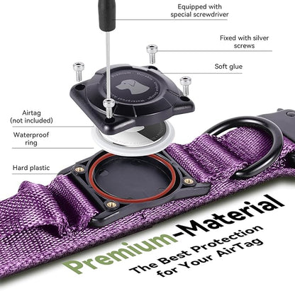 2026 Upgrade Waterproof AirTag Dog Collar, Military Tactical Dog Collar with AirTag Holder, Comfortable Control Handle and Metal Buckle, GPS Dog Collar Holder for Medium to Large Dogs (Purple, L)